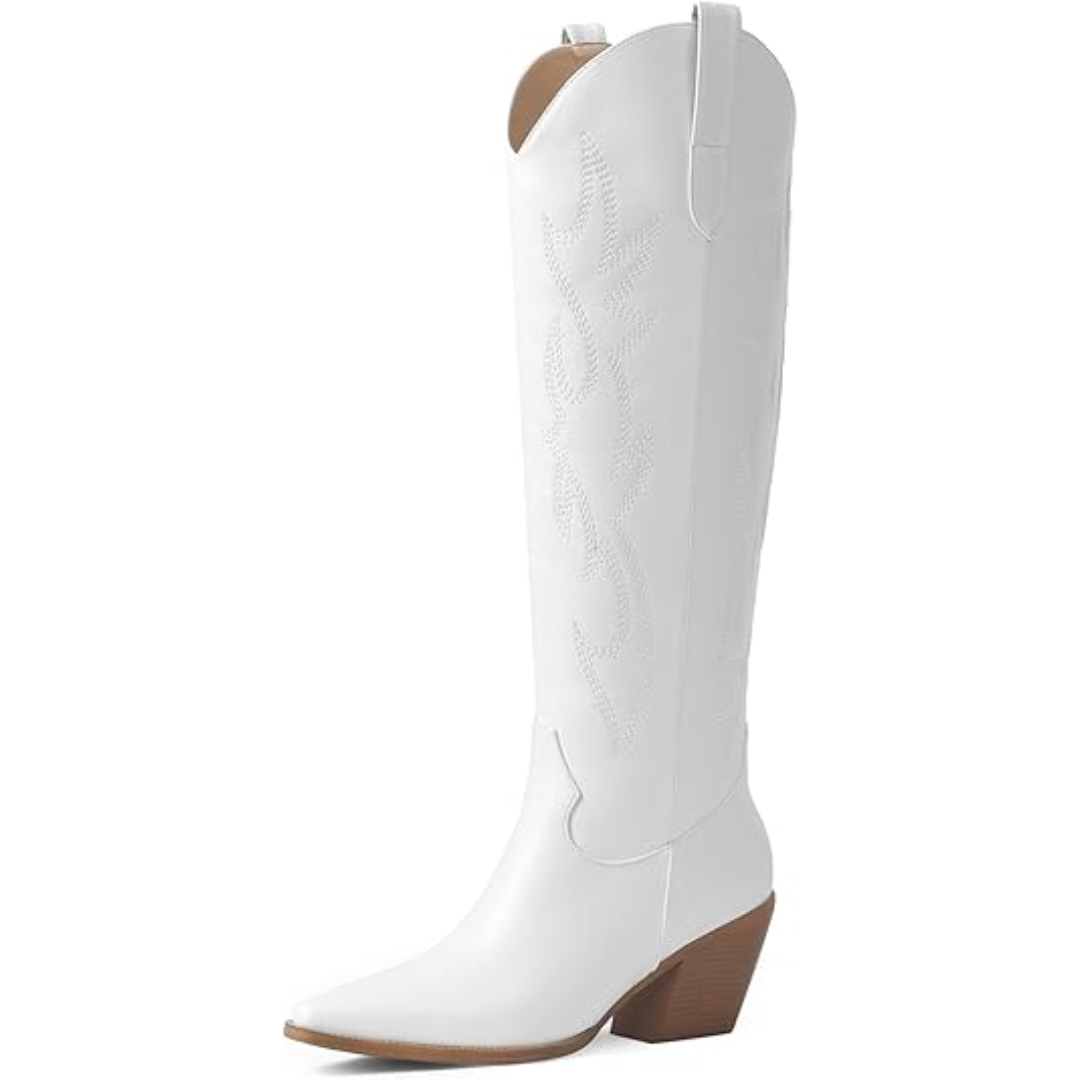 Women’s Western Boots – Knee-High, Block Heel, Structured Silhouette — White