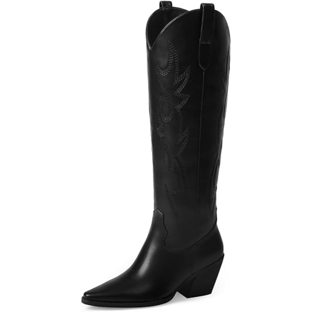 Women’s Western Boots – Knee-High, Block Heel, Structured Silhouette — Black