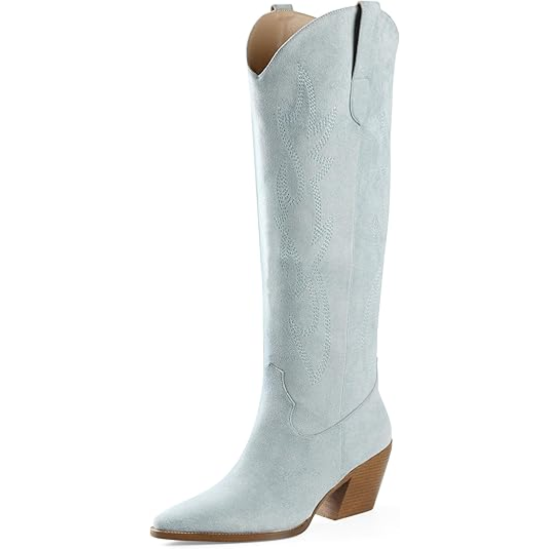 Women’s Western Boots – Knee-High, Block Heel, Structured Silhouette — Light Blue