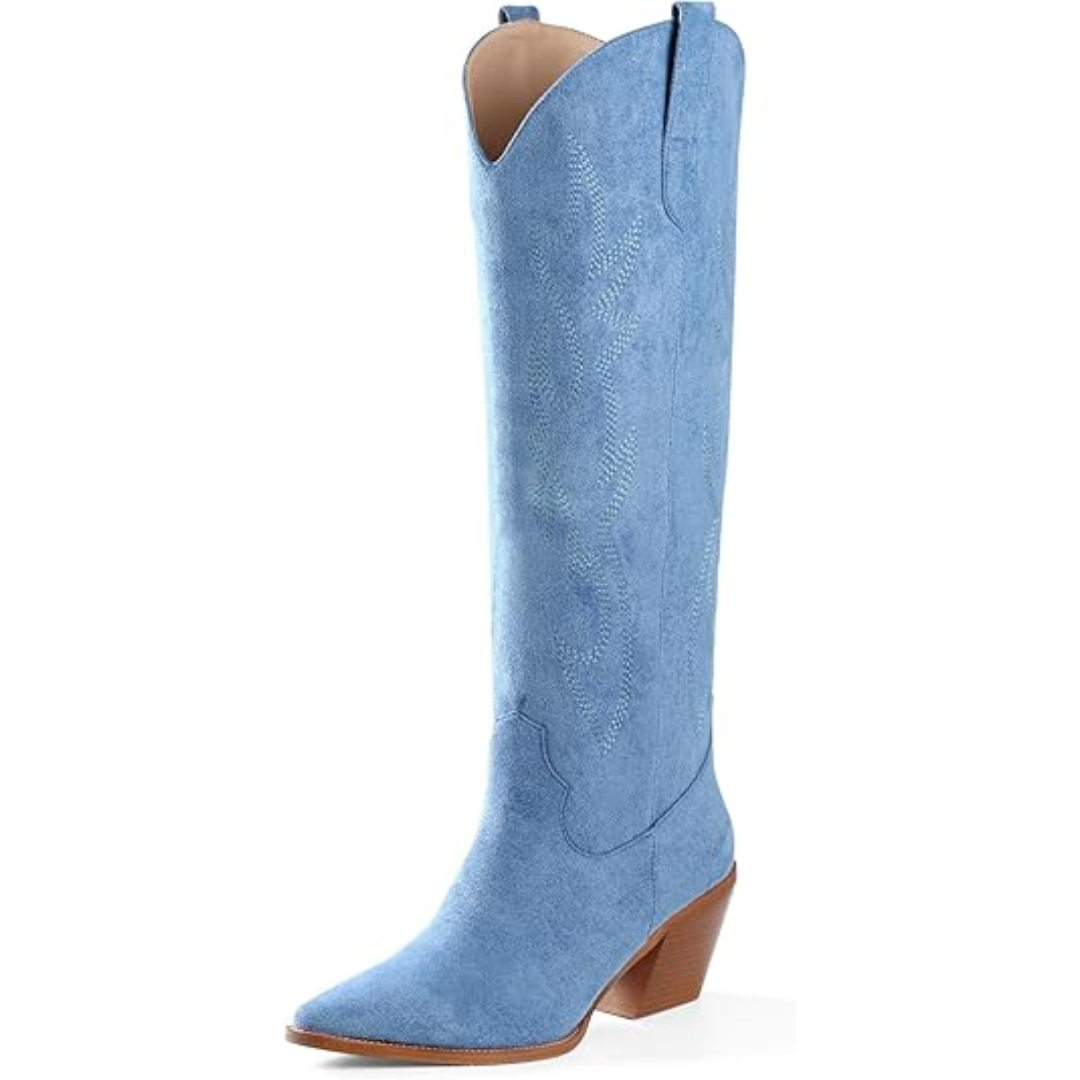 Women’s Western Boots – Knee-High, Block Heel, Structured Silhouette — Blue