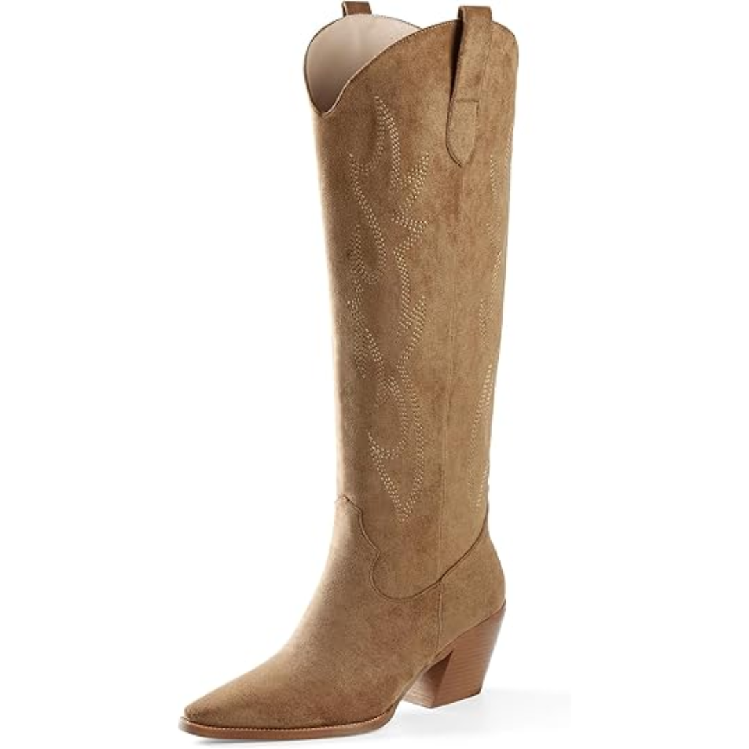 Women’s Western Boots – Knee-High, Block Heel, Structured Silhouette — Light Brown