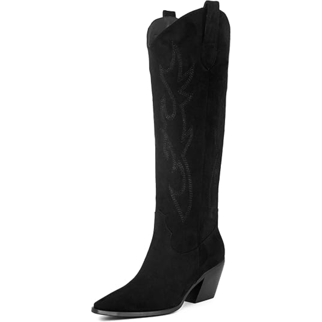 Women’s Western Boots – Knee-High, Block Heel, Structured Silhouette — Black
