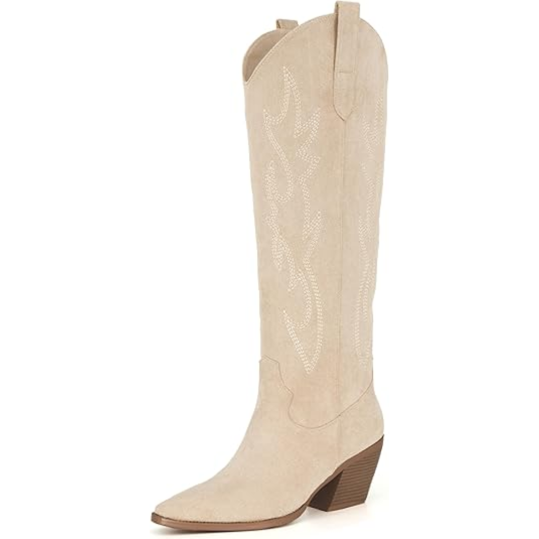 Women’s Western Boots – Knee-High, Block Heel, Structured Silhouette — Beige