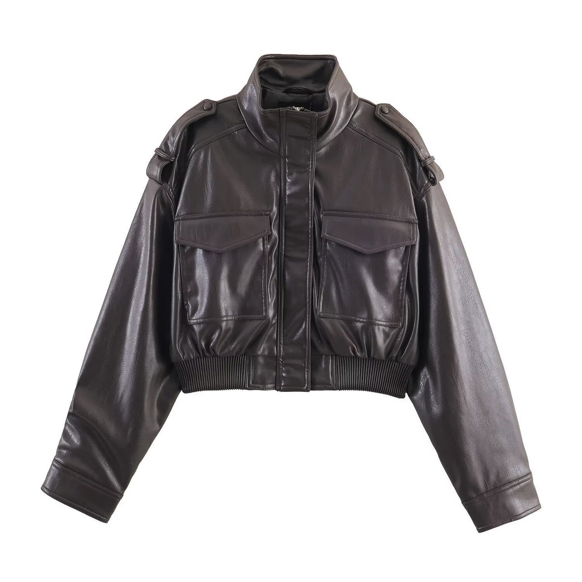 Women’s Blouson Jacket – Cropped Fit, Ribbed Cuffs, Structured Style — Dark Brown