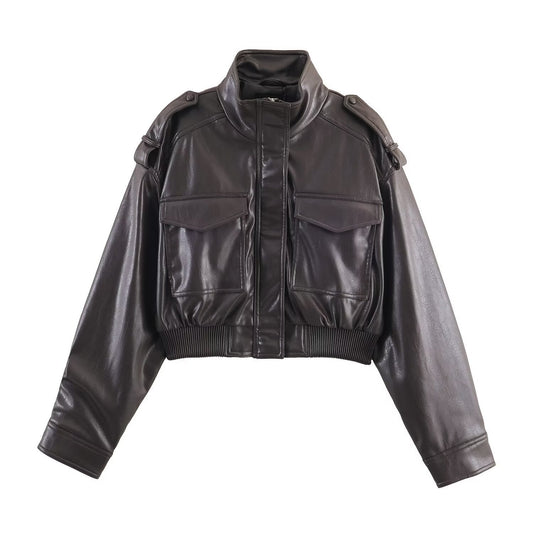 Women’s Blouson Jacket – Cropped Fit, Ribbed Cuffs, Structured Style — Dark Brown