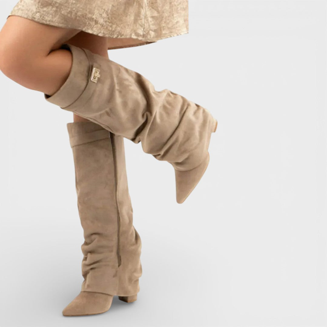 Women’s Boots – Pointed Toe, Ruched, Low Heel, Elegant Side Buckle — Light Brown