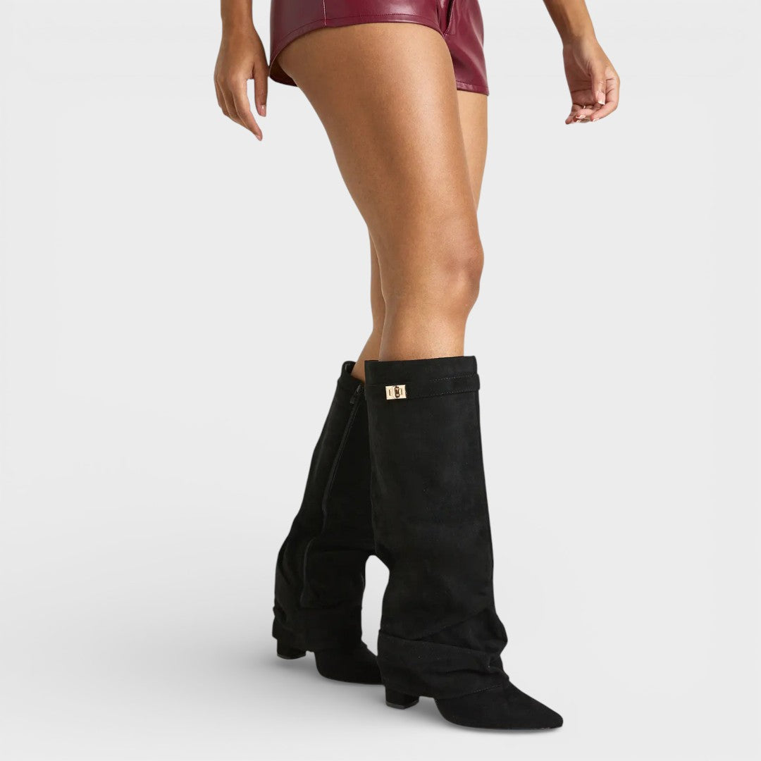 Women’s Boots – Pointed Toe, Ruched, Low Heel, Elegant Side Buckle — Black