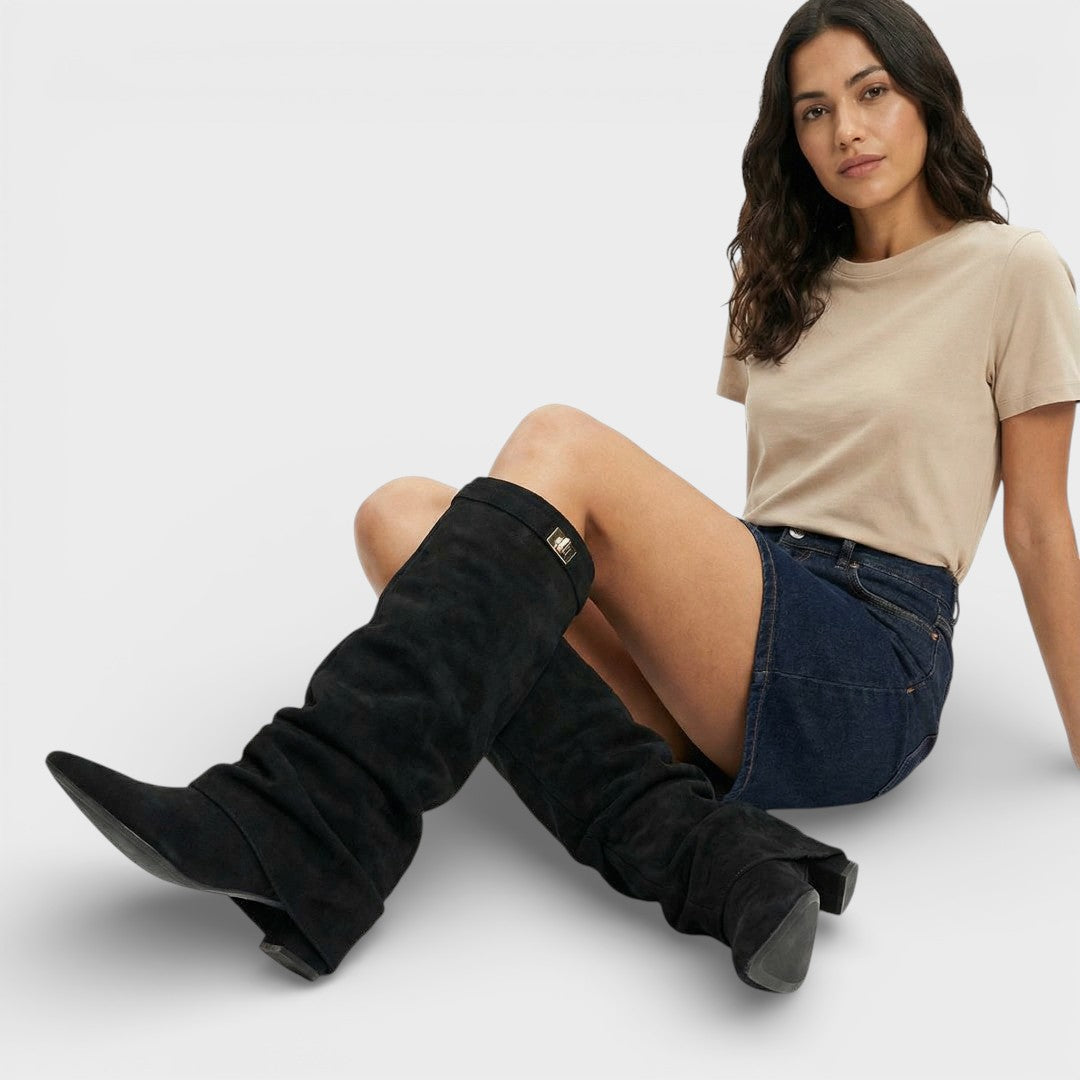 Women’s Boots – Pointed Toe, Ruched, Low Heel, Elegant Side Buckle — Black