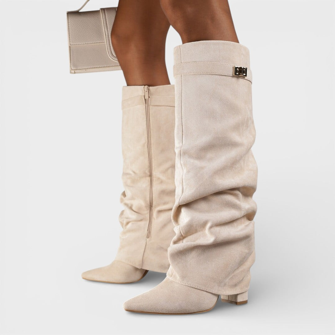 Women’s Boots – Pointed Toe, Ruched, Low Heel, Elegant Side Buckle — Beige