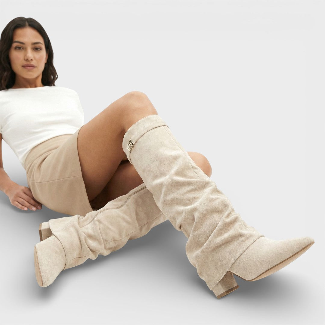 Women’s Boots – Pointed Toe, Ruched, Low Heel, Elegant Side Buckle — Beige