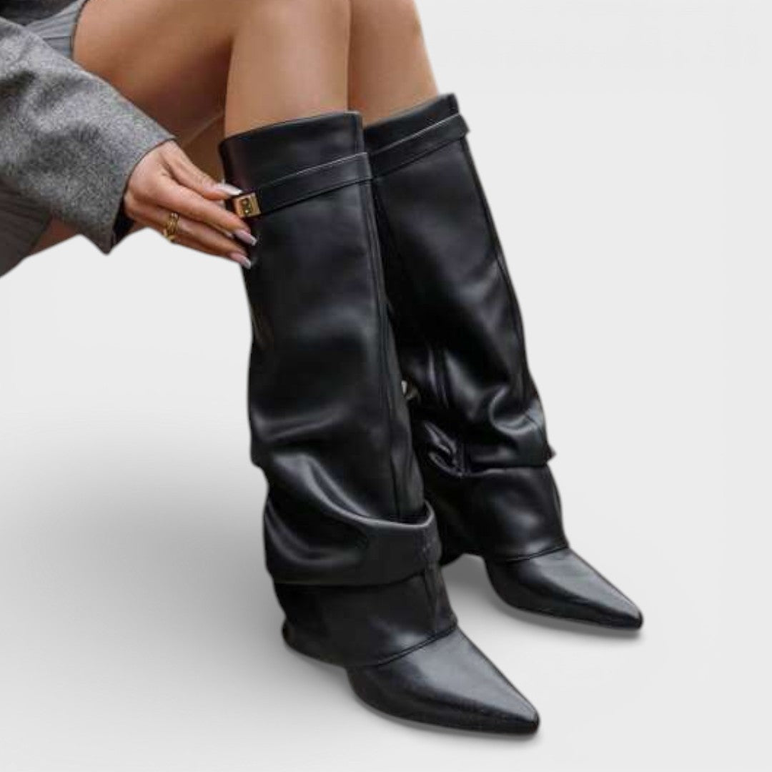 Women’s Boots – Pointed Toe, Ruched, Low Heel, Elegant Side Buckle — Black