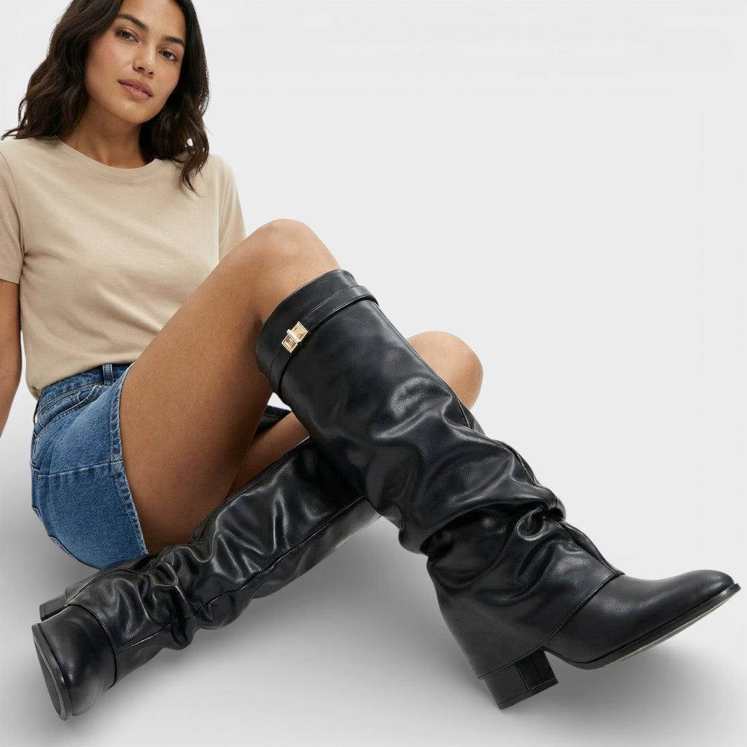 Women’s Boots – Pointed Toe, Ruched, Low Heel, Elegant Side Buckle — Black