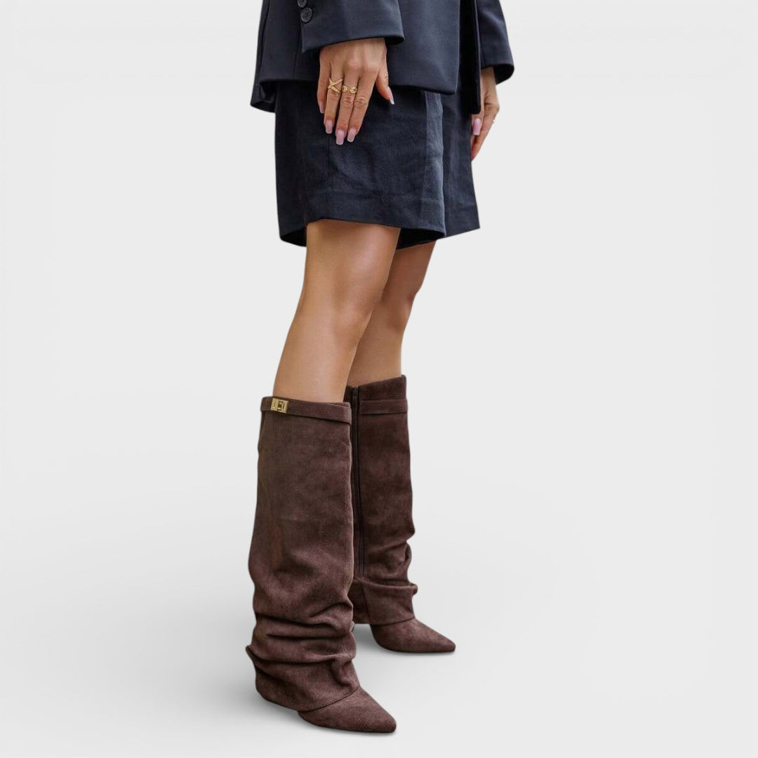 Women’s Boots – Pointed Toe, Ruched, Low Heel, Elegant Side Buckle — Dark Brown