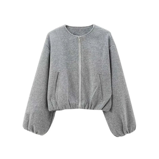 Women's Bomber Jacket – Round Neck, Elastic Hem and Relaxed Fit — Grey