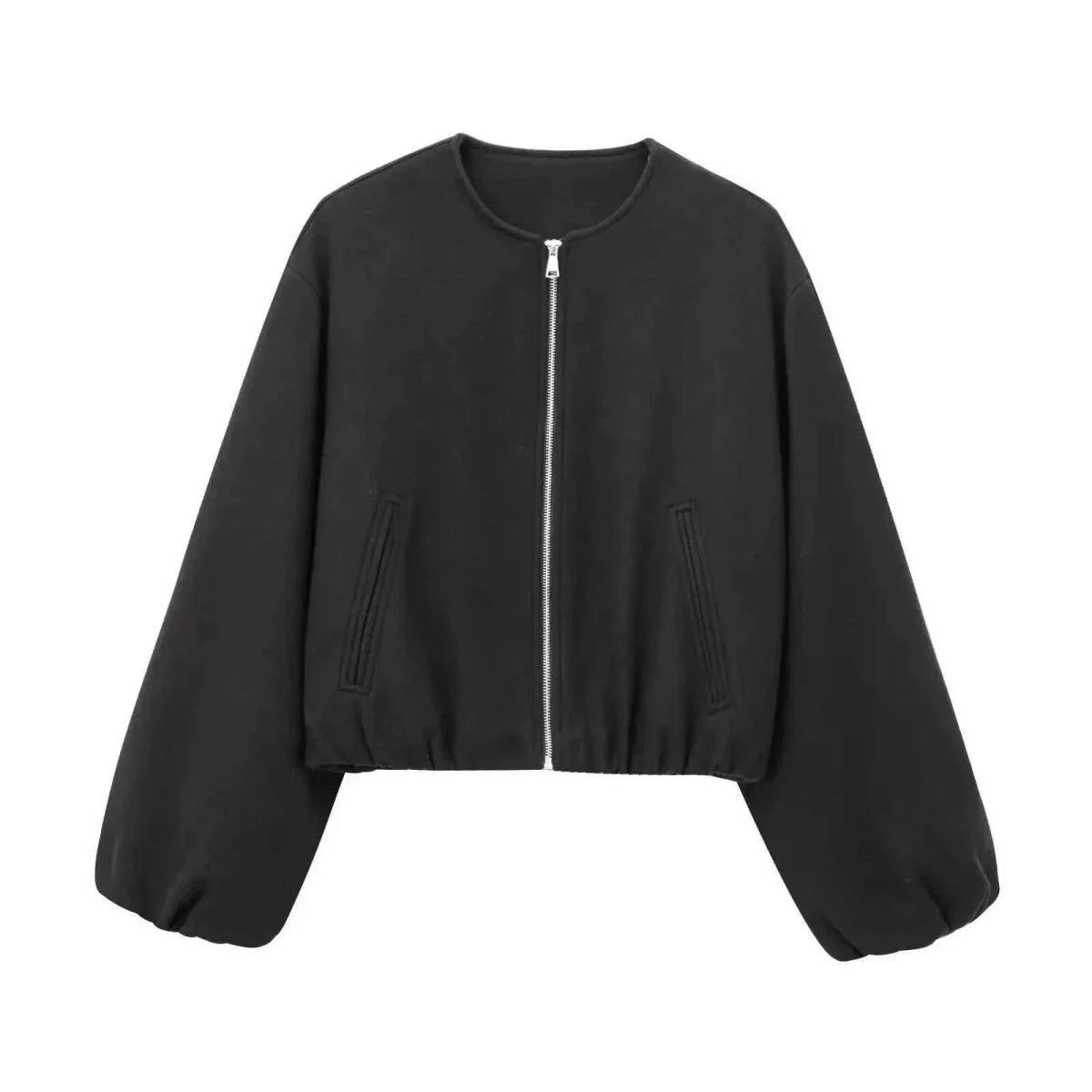 Women's Bomber Jacket – Round Neck, Elastic Hem and Relaxed Fit — Black