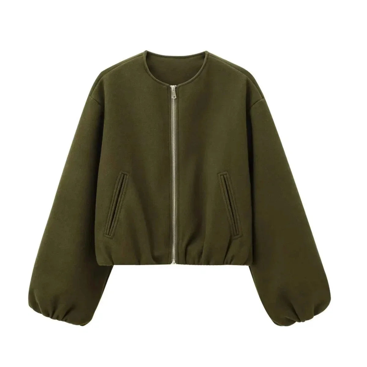 Women's Bomber Jacket – Round Neck, Elastic Hem and Relaxed Fit — Army Green