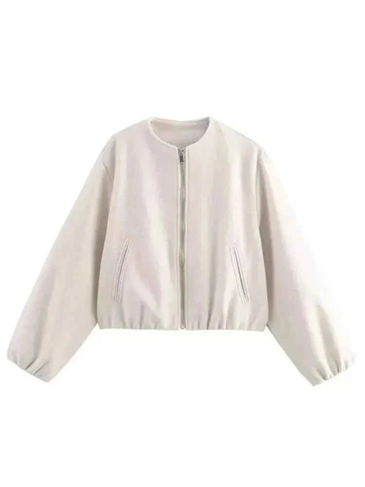 Women's Bomber Jacket – Round Neck, Elastic Hem and Relaxed Fit — Beige