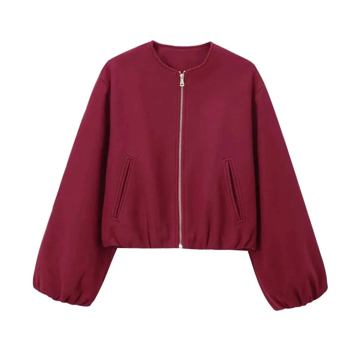 Women's Bomber Jacket – Round Neck, Elastic Hem and Relaxed Fit — Red
