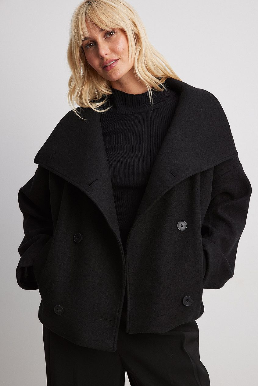 Women’s Short Coat – Oversized Shawl Collar, Double-Breasted Closure — Black
