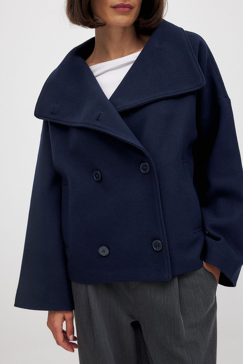 Women’s Short Coat – Oversized Shawl Collar, Double-Breasted Closure — Navy Blue