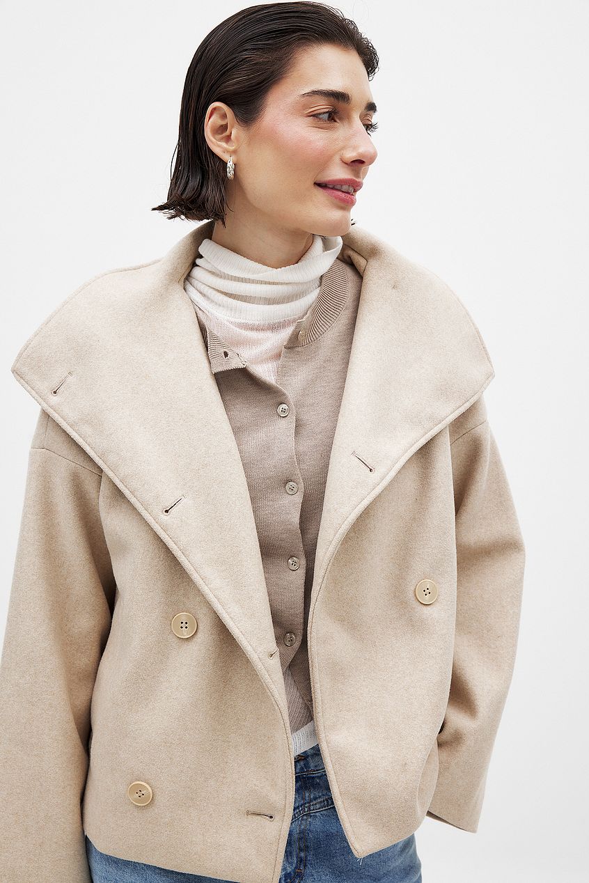 Women’s Short Coat – Oversized Shawl Collar, Double-Breasted Closure — Beige