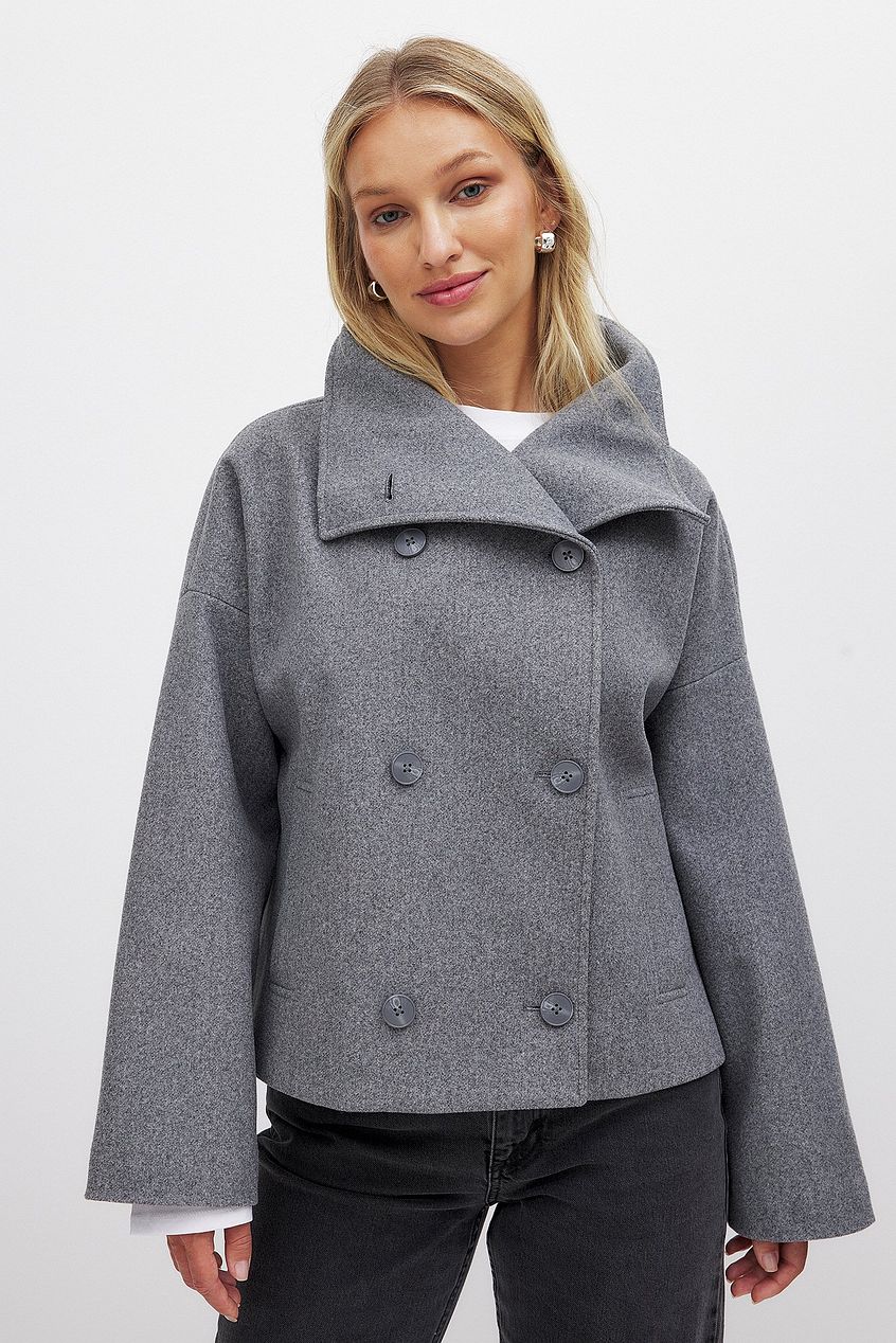Women’s Short Coat – Oversized Shawl Collar, Double-Breasted Closure — Grey
