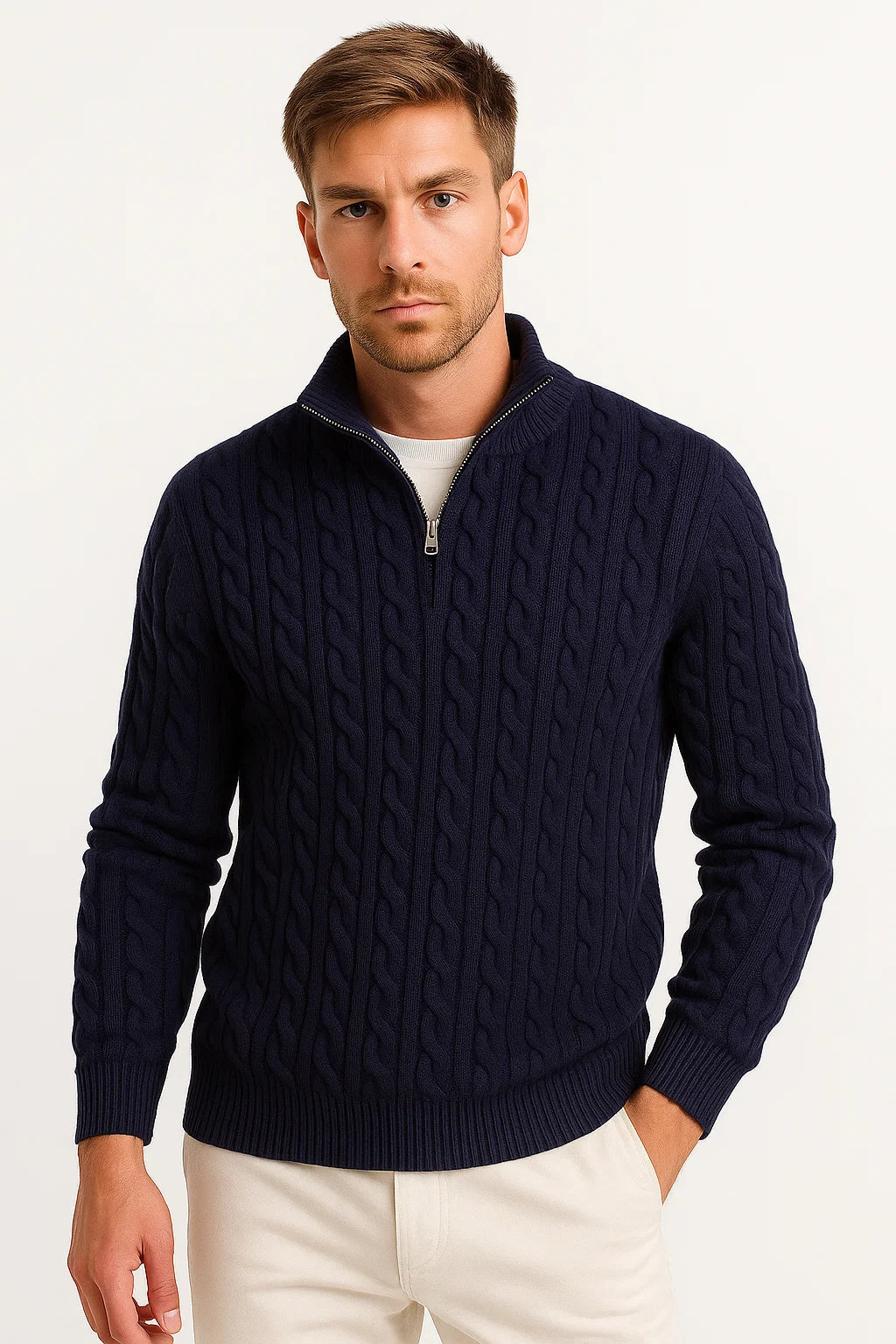 Men’s Pullover – Cable-Knit Pattern, Zip Neck, Timeless Classic Fit — Navy Blue