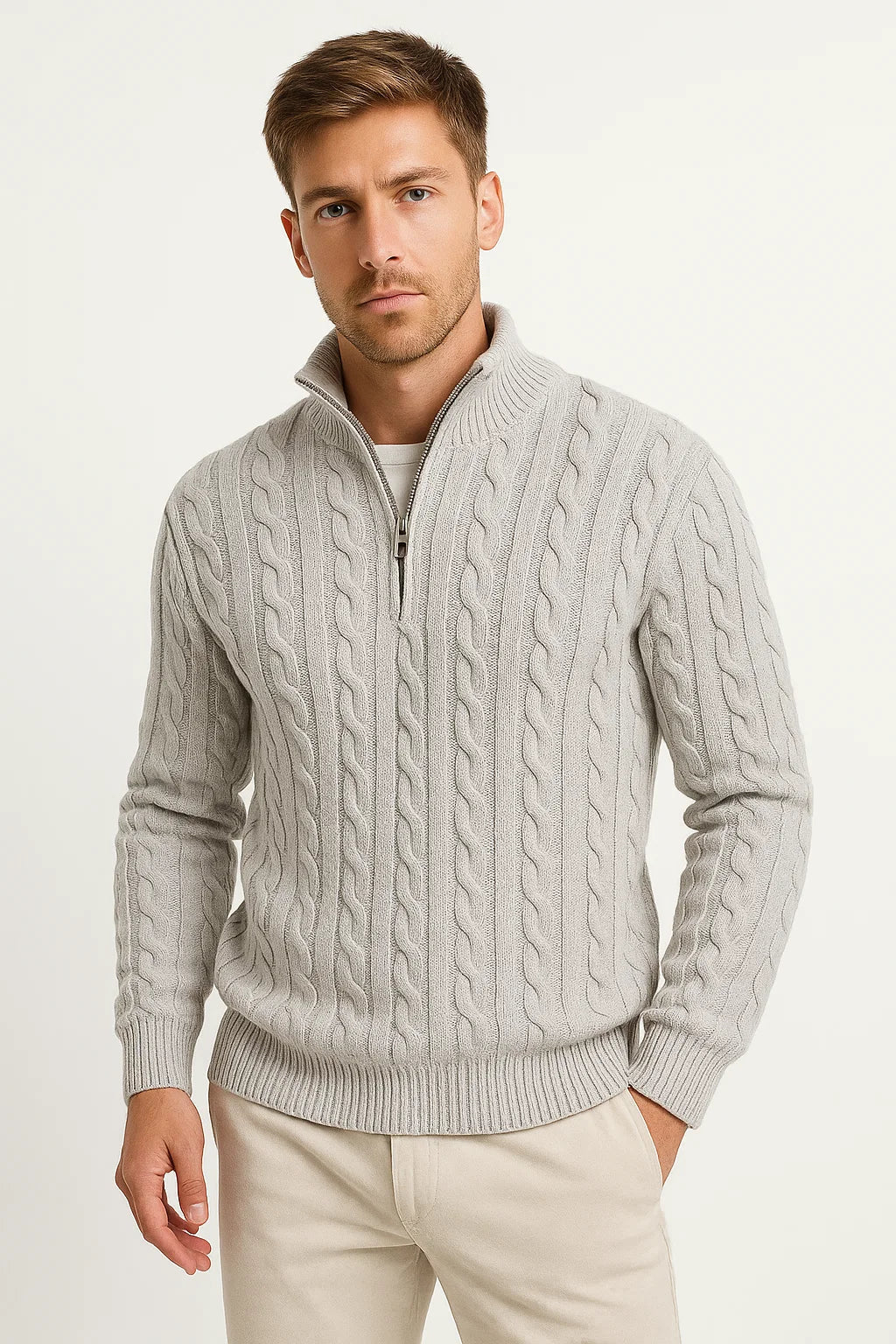 Men’s Pullover – Cable-Knit Pattern, Zip Neck, Timeless Classic Fit — Light Grey