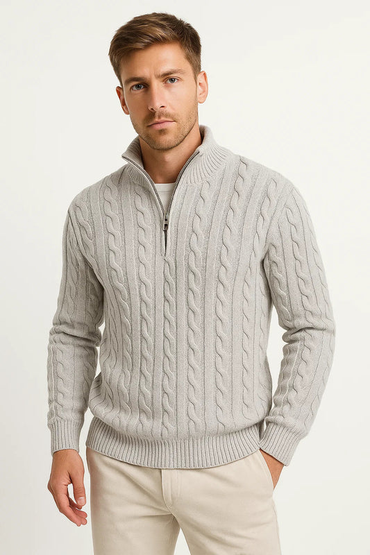 Men’s Pullover – Cable-Knit Pattern, Zip Neck, Timeless Classic Fit — Light Grey