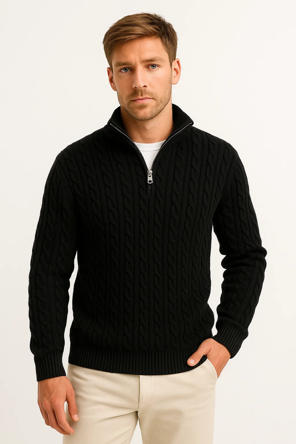 Men’s Pullover – Cable-Knit Pattern, Zip Neck, Timeless Classic Fit — Black