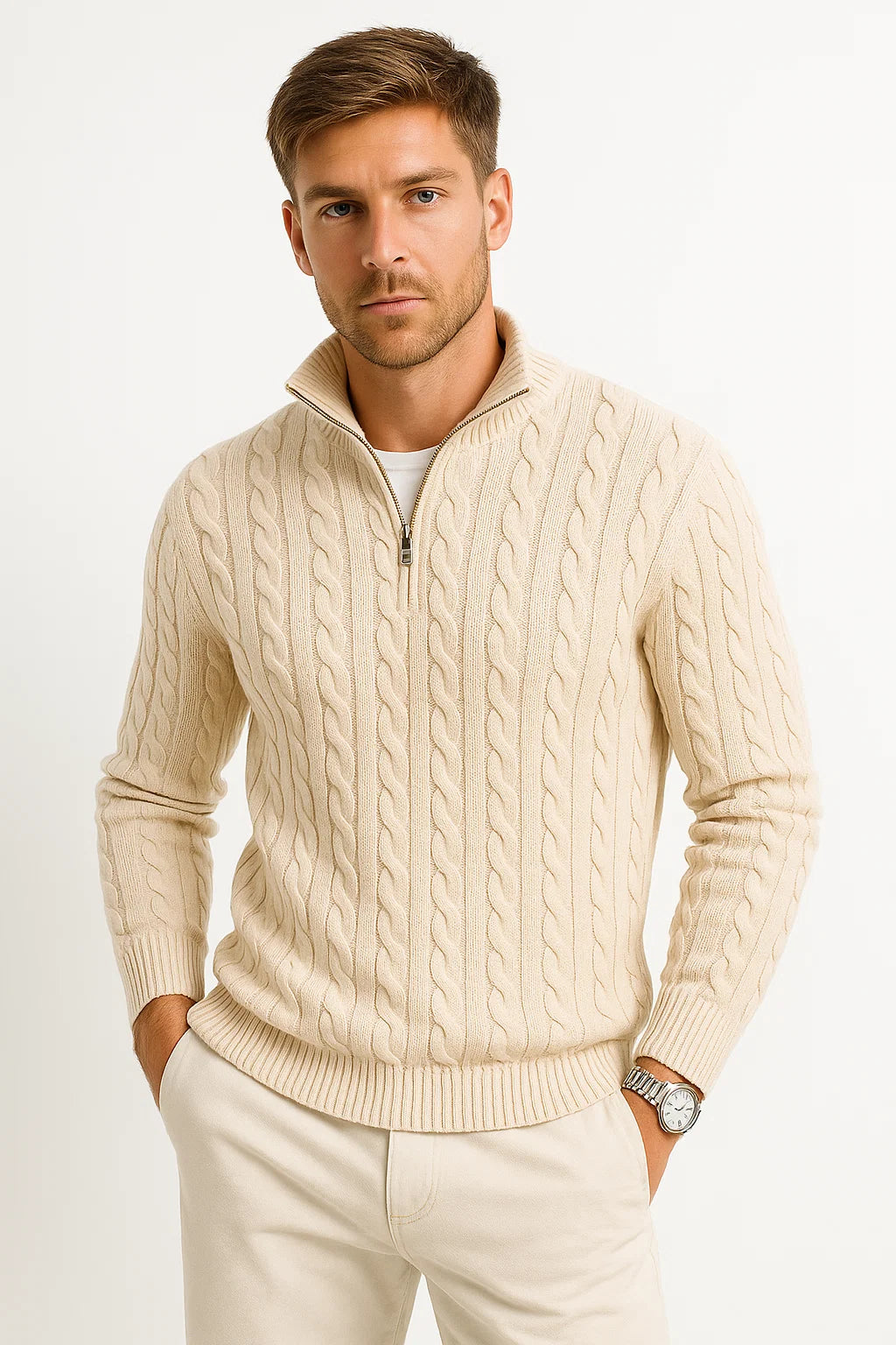 Men’s Pullover – Cable-Knit Pattern, Zip Neck, Timeless Classic Fit — Beige