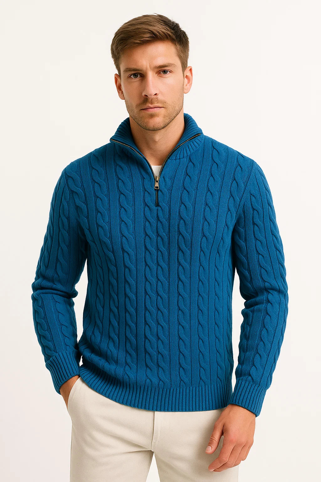 Men’s Pullover – Cable-Knit Pattern, Zip Neck, Timeless Classic Fit — Blue/Green