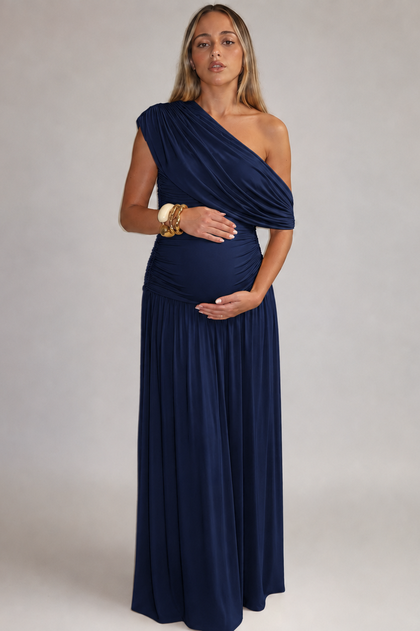 Elegant Long Maternity Dress with Asymmetrical Cut for Pregnancy — Navy