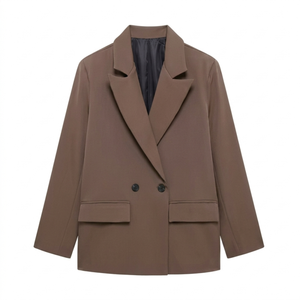 Women’s Blazer – Double-Breasted with Pockets, Timeless Relaxed Fit — Brown