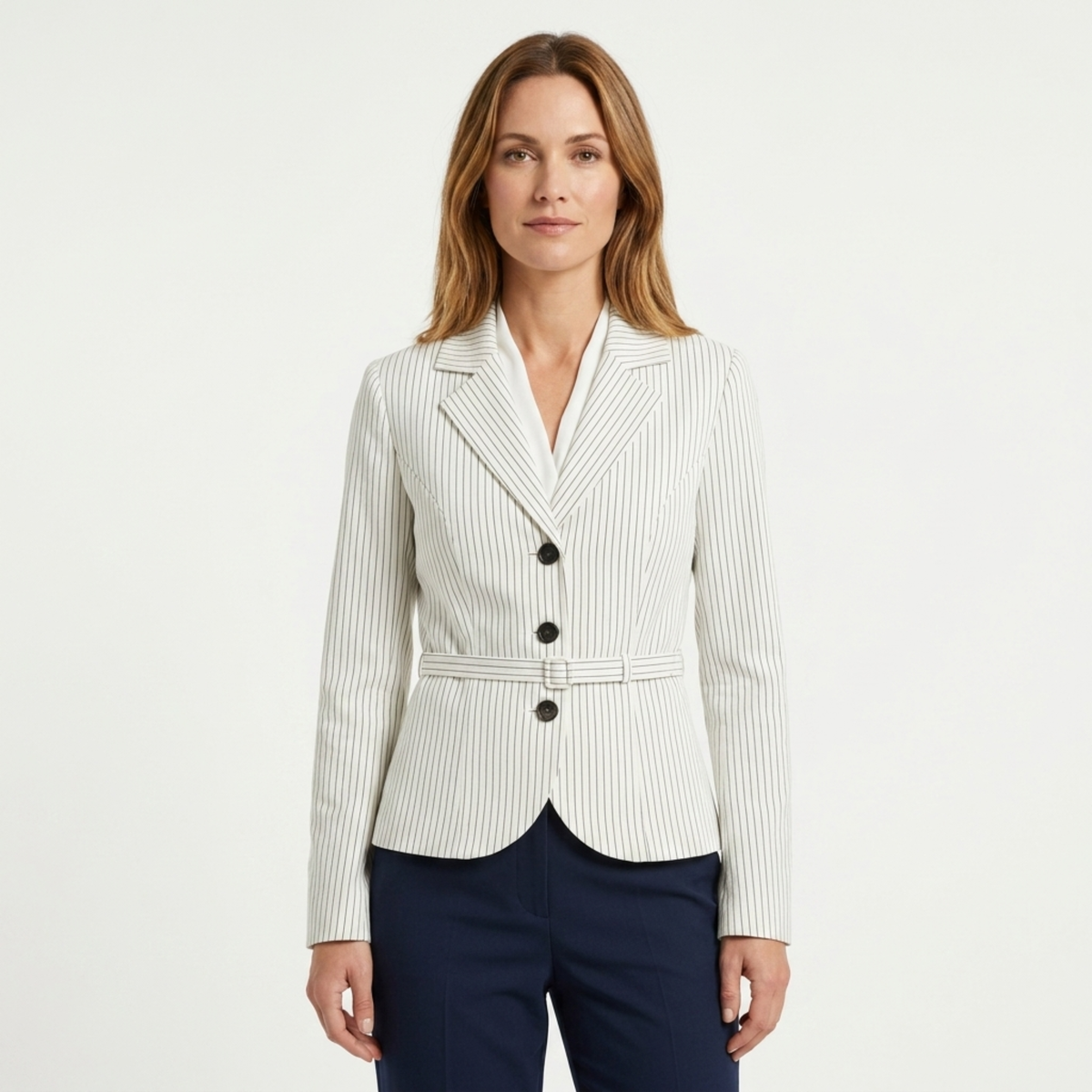 Women's Blazer – Stripes and Belt, Elegant Tailored Fit — product view