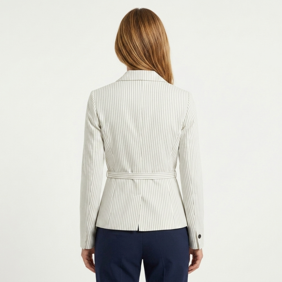 Women's Blazer – Stripes and Belt, Elegant Tailored Fit — product view