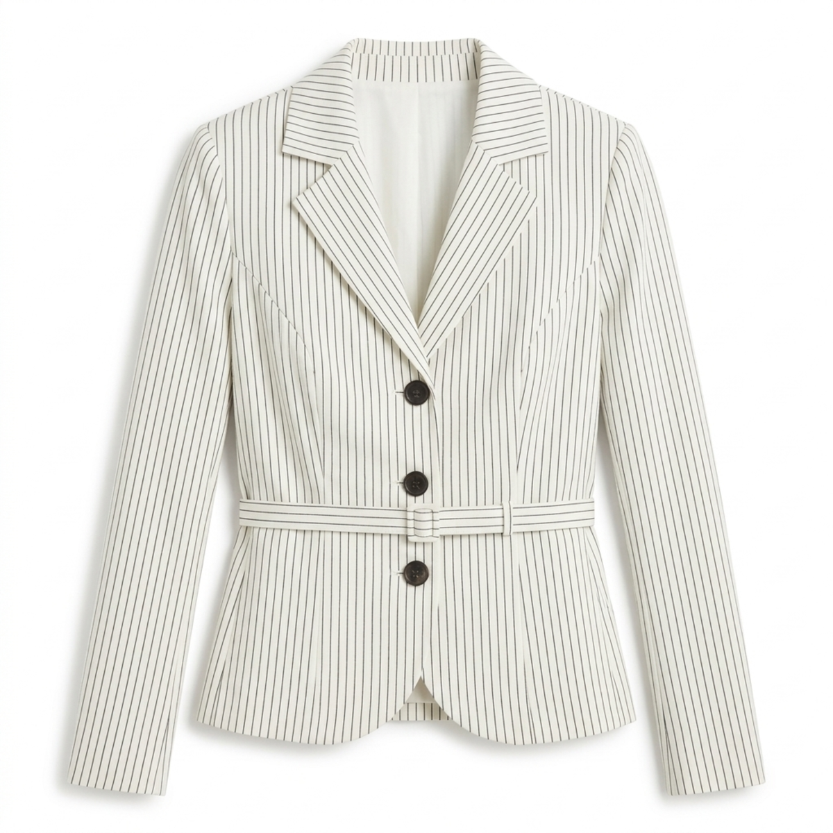 Women's Blazer – Stripes and Belt, Elegant Tailored Fit — White