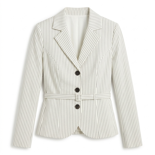 Women's Blazer – Stripes and Belt, Elegant Tailored Fit — White