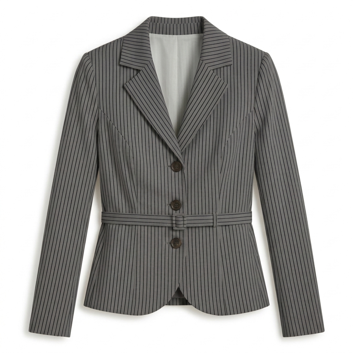 Women's Blazer – Stripes and Belt, Elegant Tailored Fit — Grey