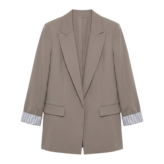 Women’s Blazer – Open Front with Pockets, Relaxed Loose Fit — Khaki