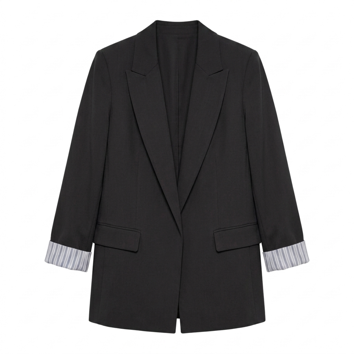 Women’s Blazer – Open Front with Pockets, Relaxed Loose Fit — Black