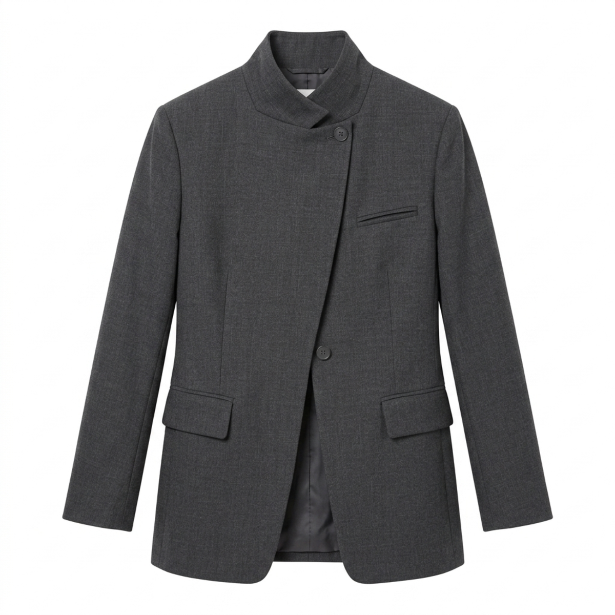Women’s Blazer – Asymmetrical, Single-Button, Fitted Cut — Grey