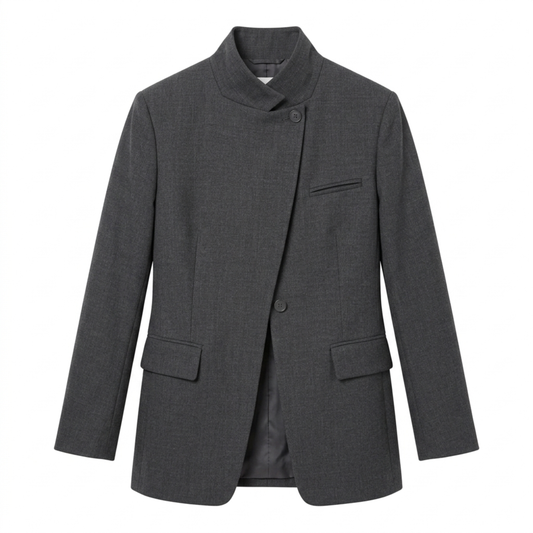 Women’s Blazer – Asymmetrical, Single-Button, Fitted Cut — Grey