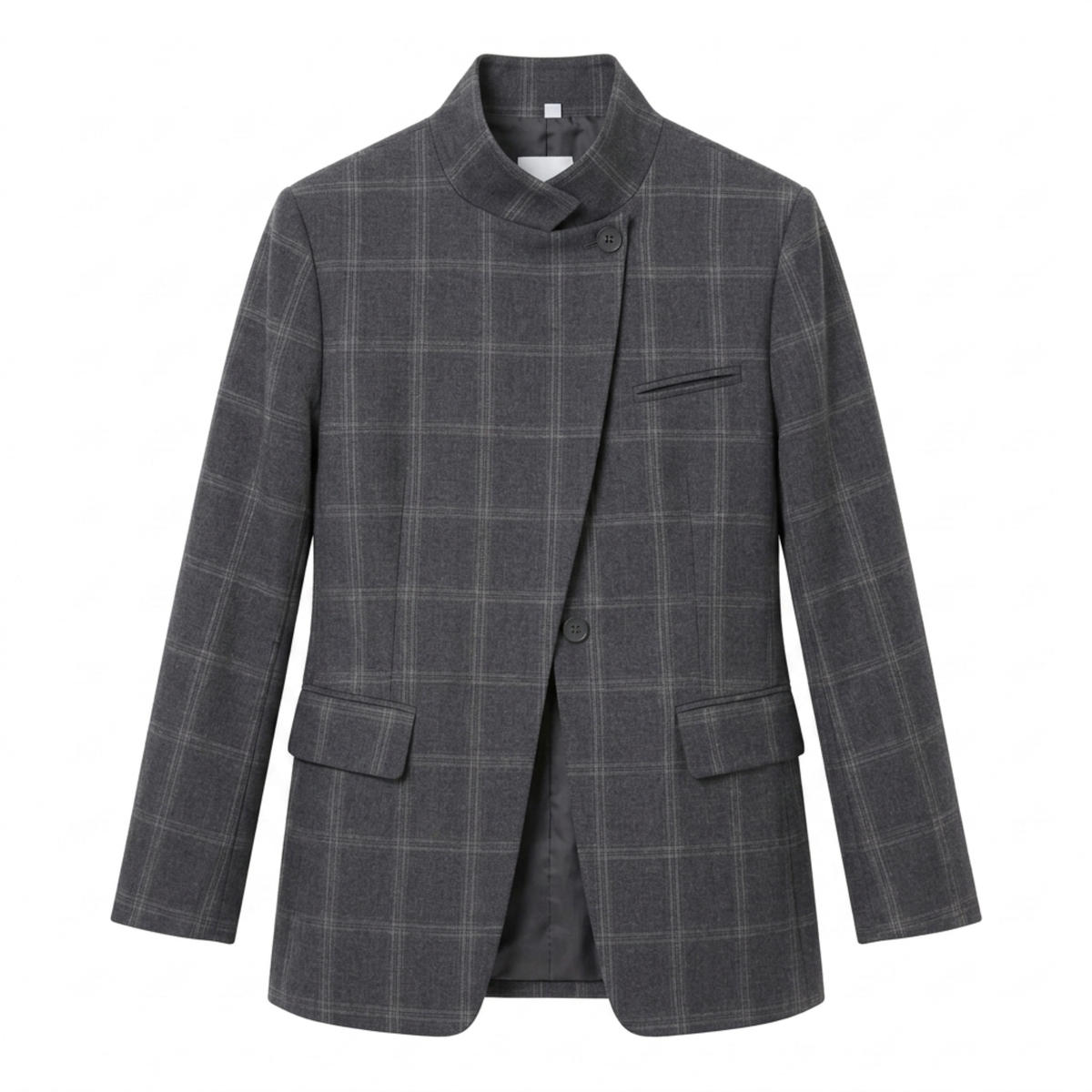 Women’s Blazer – Asymmetrical, Single-Button, Fitted Cut — Grey