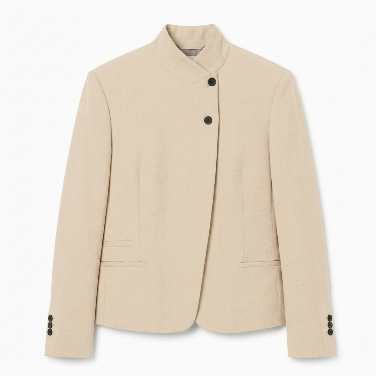 Women’s Jacket – Stand Collar and Relaxed Asymmetrical Cut — Beige