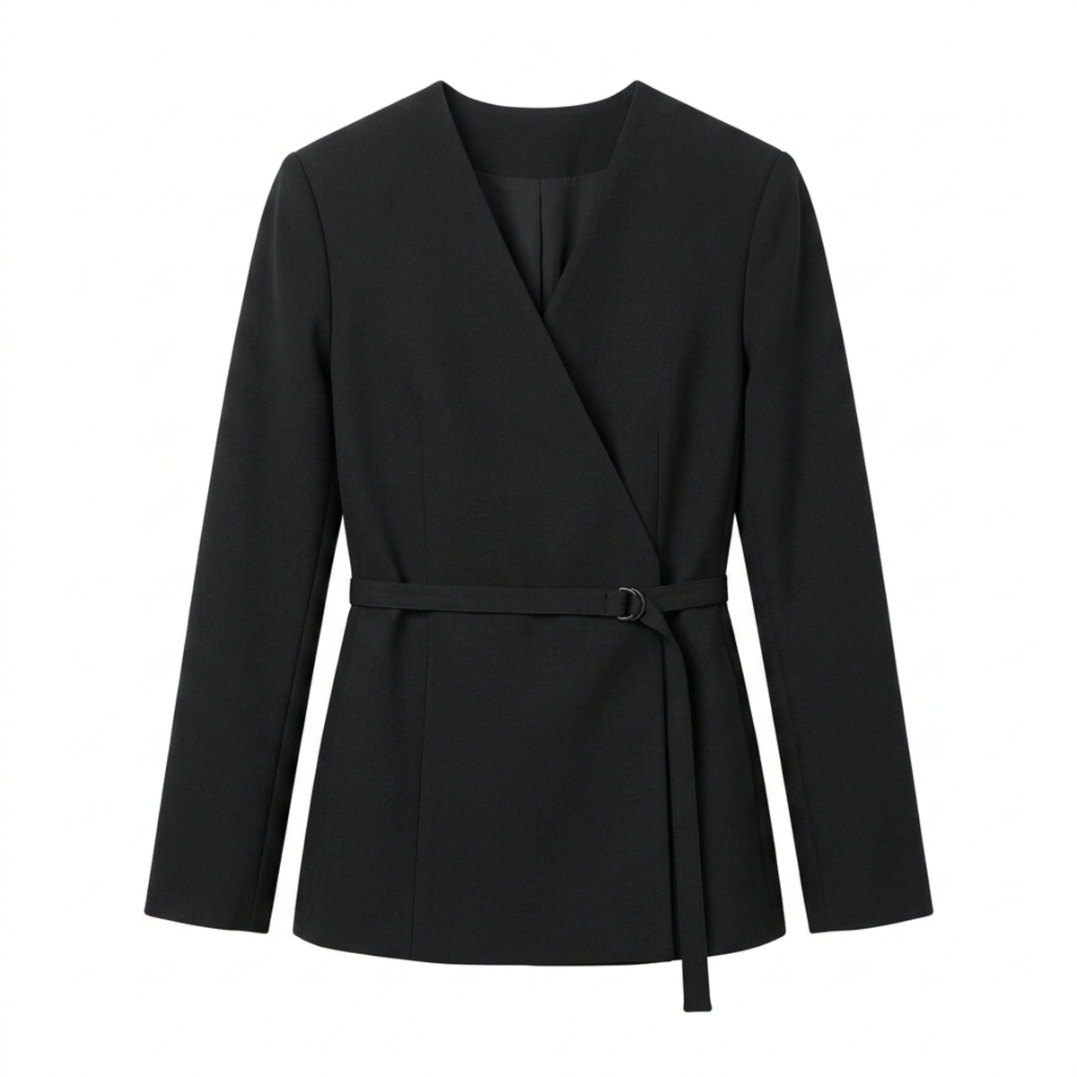 Blazer for Women – V-Neck and Belt, Elegant Fitted Cut — Black