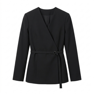 Blazer for Women – V-Neck and Belt, Elegant Fitted Cut — Black
