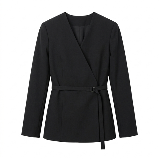 Blazer for Women – V-Neck and Belt, Elegant Fitted Cut — Black