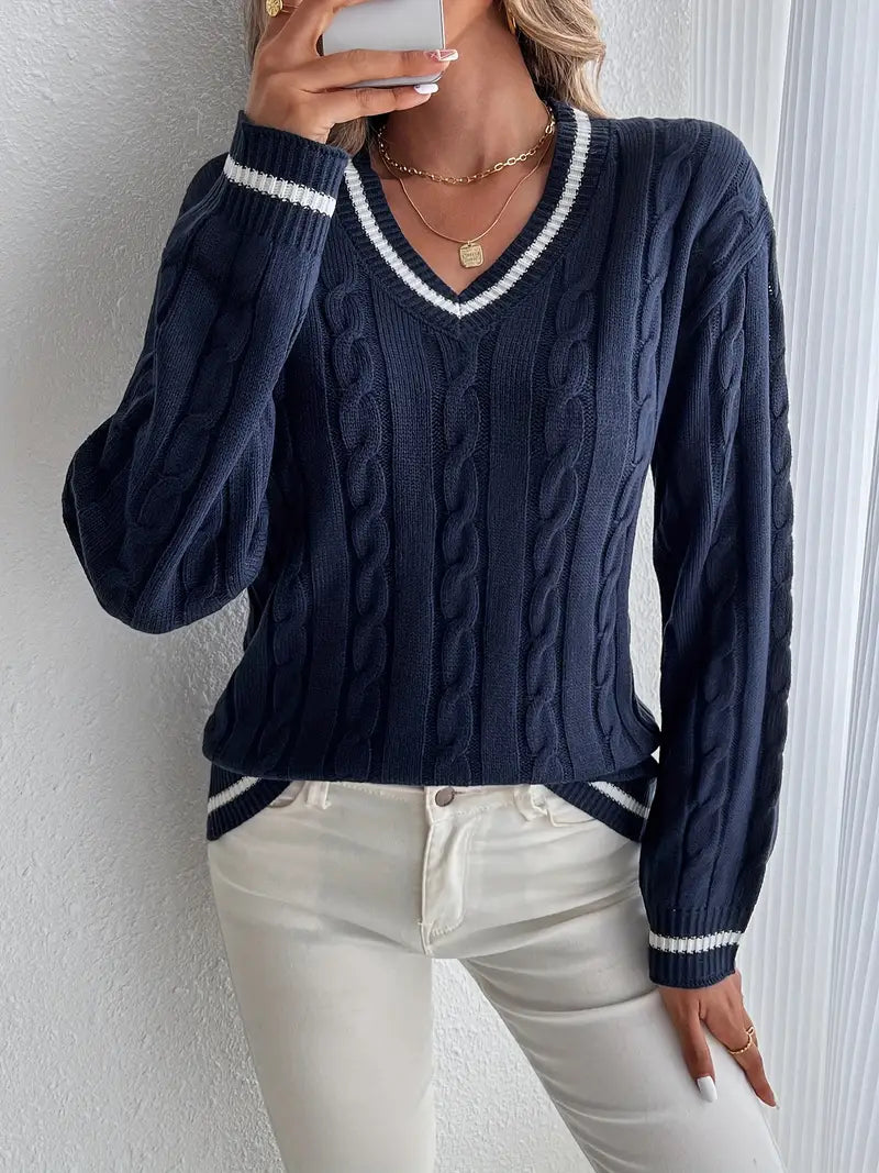 Women’s Sweater – V-Neck and Cable-Knit, Relaxed Everyday Fit — Navy Blue
