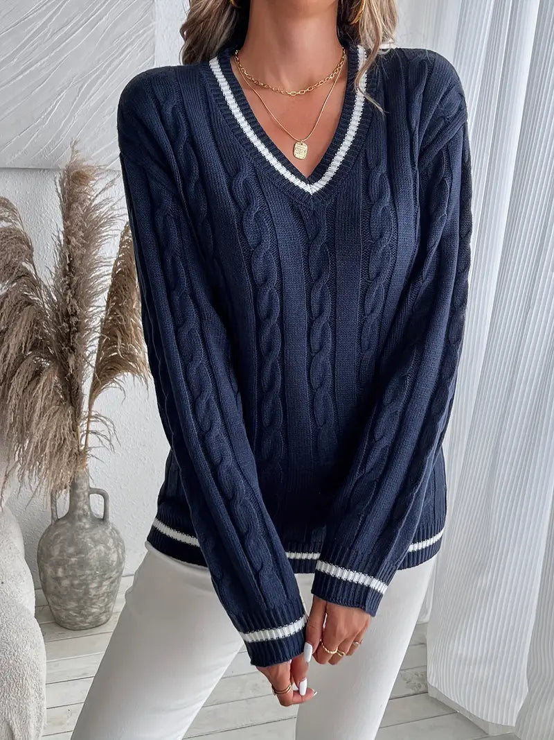 Women’s Sweater – V-Neck and Cable-Knit, Relaxed Everyday Fit — product view
